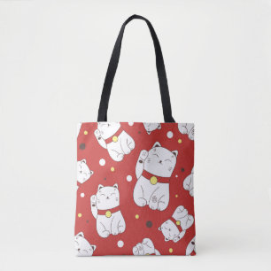 Bolso De Tela Gato Maneki-Neko, patrón de doodle japonés.
