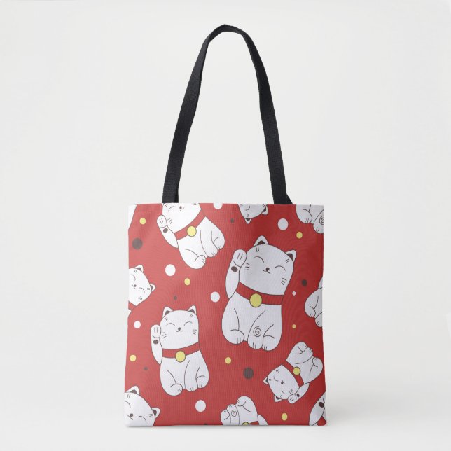 Bolso De Tela Gato Maneki-Neko, patrón de doodle japonés. (Anverso)