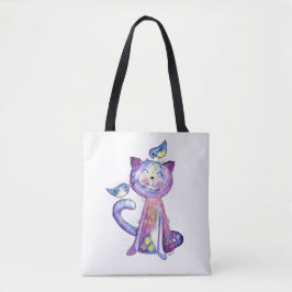 Bolso De Tela Gato Morado Caprichoso y Lindo con Pájaros