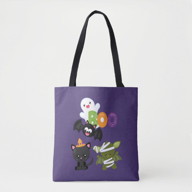Bolso De Tela Gato, murciélago, momia y fantasma de Halloween (Anverso)