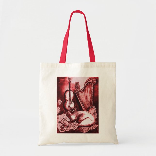 Bolso De Tela GATO MUSICAL CON OWL, rojo, blanco (Frente)