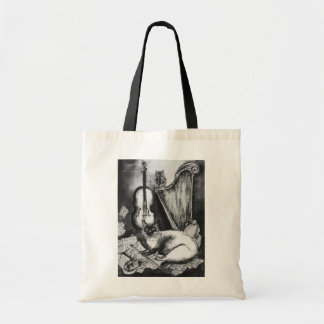Bolso De Tela GATO MUSICAL, OWL,VIOLIN,HARP Black White Gray Mus