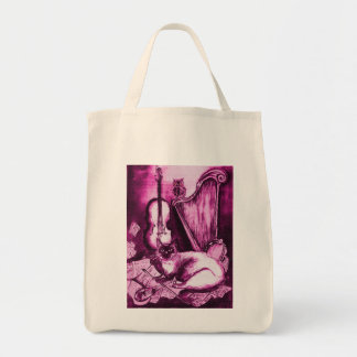 Bolso De Tela GATO MUSICAL, Pink Fuchsia Púrpura y Blanco