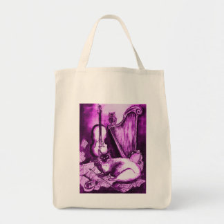 Bolso De Tela GATO MUSICAL, violeta morado y blanco