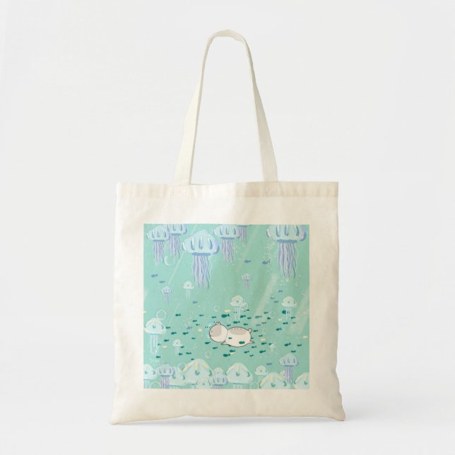 Bolso De Tela gato nadando con peces y medusas (Frente)