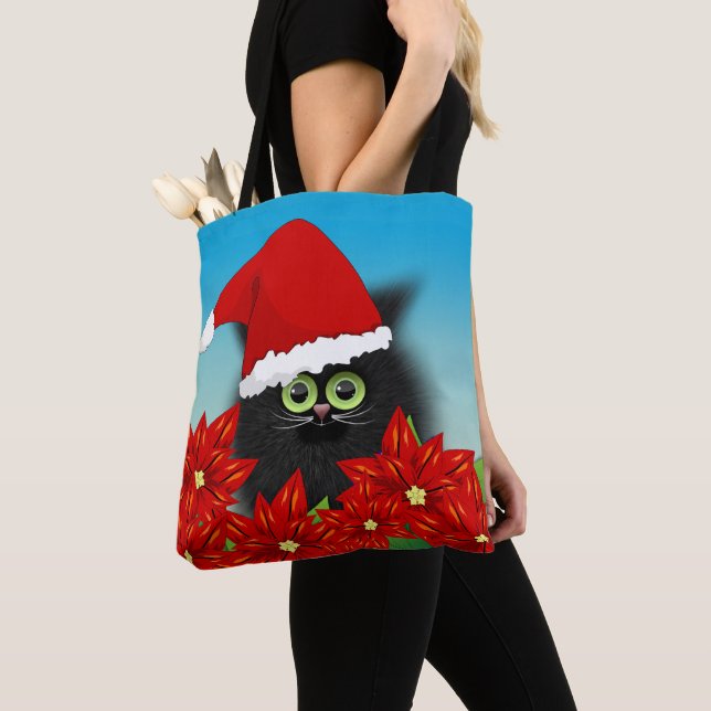 Bolso De Tela Gato navidad en Santa Hat en medio de la Poinsetti (Detalle)