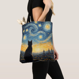 Bolso De Tela Gato Negro Artístico y Ciudad Celestial Reutilizab