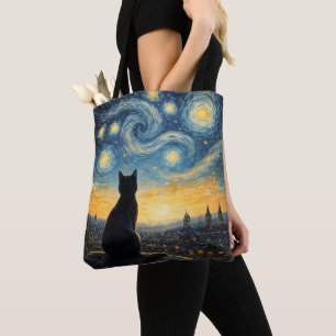Bolso De Tela Gato Negro Artístico y Ciudad Celestial Reutilizab