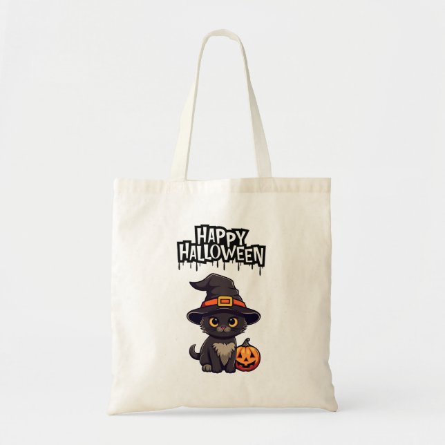 Bolso De Tela Gato negro asustado con calabaza Jack O Lantern (Frente)