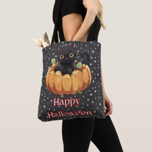 Bolso De Tela Gato Negro Calabaza Lunares Negro Feliz Halloween