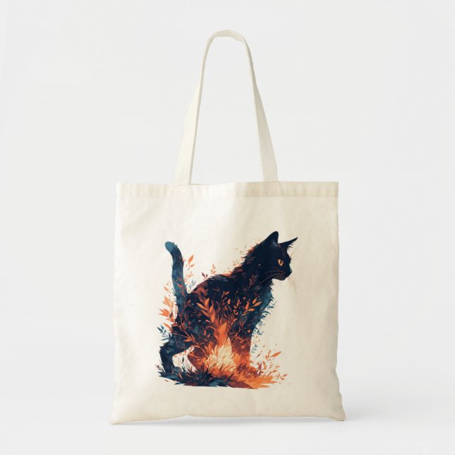 Bolso De Tela Gato negro casual y hojas florales - Hermoso (Frente)