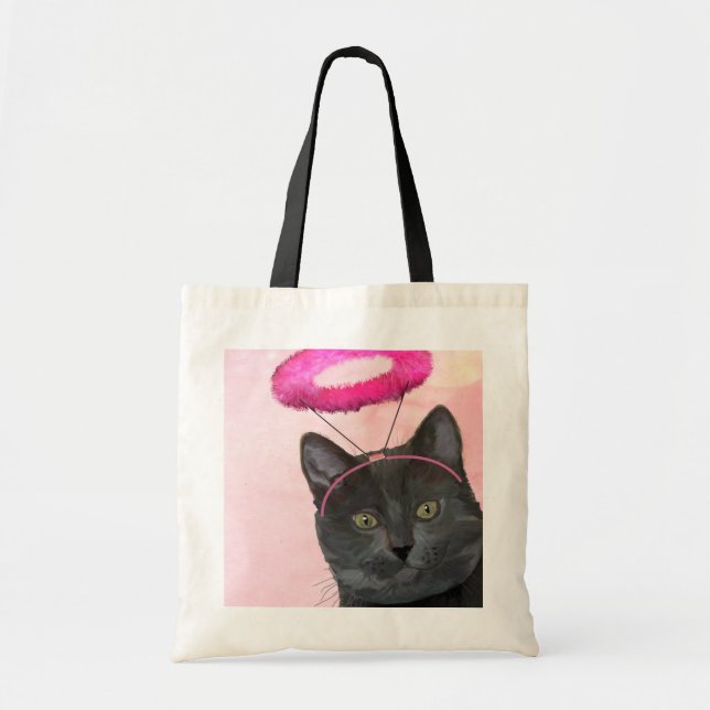 Bolso De Tela Gato negro con Angel Halo rosa (Frente)