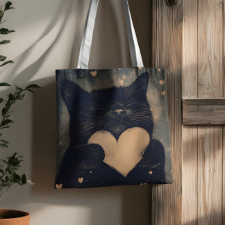 Bolso De Tela Gato negro con corazón dorado - Amor acogedor del 