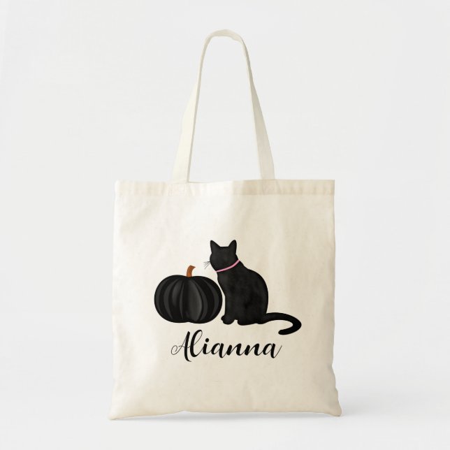 Bolso De Tela Gato negro con nombre personalizado de calabaza ne (Frente)