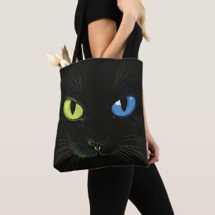 Bolso De Tela Gato negro con ojos verdes y azules