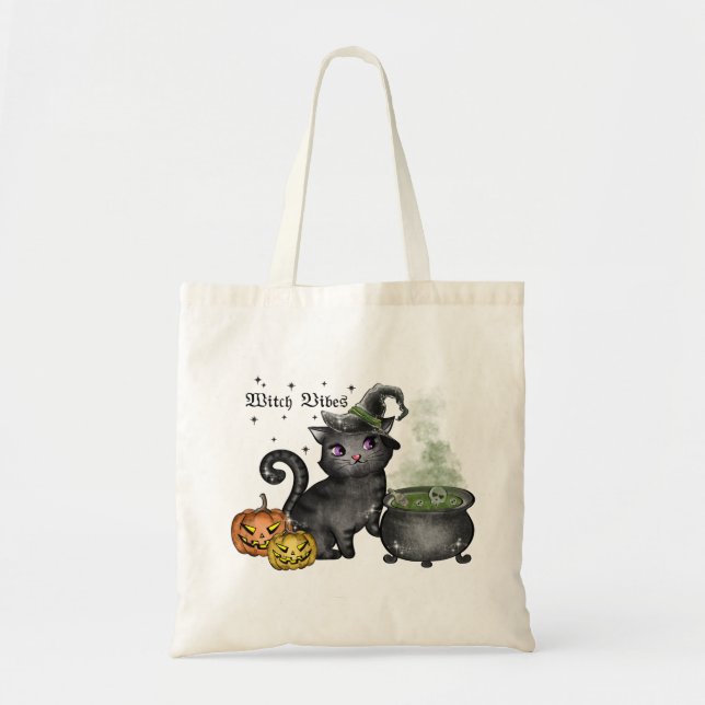 Bolso De Tela Gato negro de bruja | Vibes de bruja (Frente)