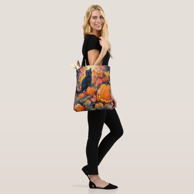 Bolso De Tela Gato negro de Halloween con calabazas aterradoras (Puesto)