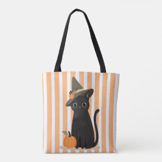 Bolso De Tela Gato negro de Halloween con sombrero de bruja y ca
