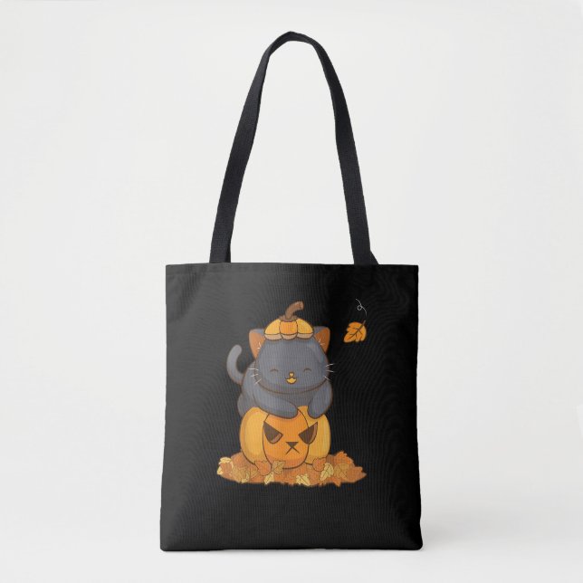 Bolso De Tela Gato negro de Halloween en calabaza con hojas de o (Anverso)