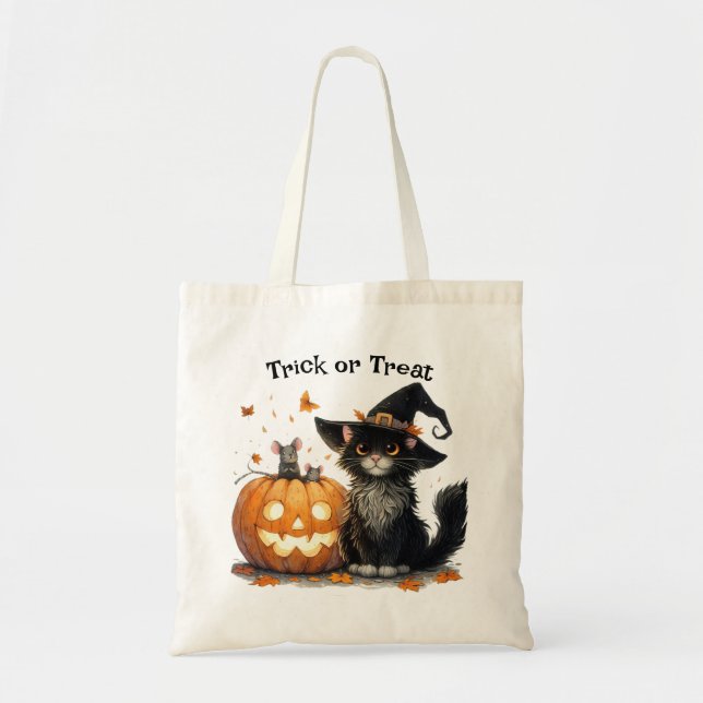 Bolso De Tela Gato negro de Halloween en truco o trato de Gorra  (Frente)