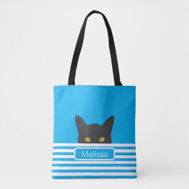 Bolso De Tela Gato negro de punta azul personalizado (Anverso)