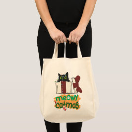 Bolso De Tela Gato negro de Santa Claus enredado en luces de árb