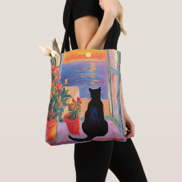 Bolso De Tela Gato negro disfrutando de la vista al mar