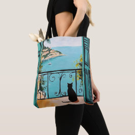 Bolso De Tela Gato Negro Disfrutando del Mar Hermoso