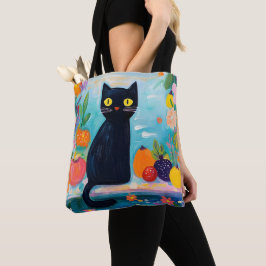 Bolso De Tela Gato negro divertido con frutas frescas coloridas