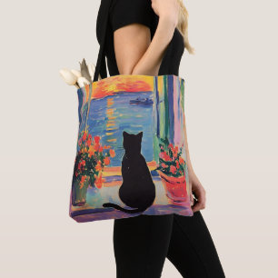 Bolso De Tela Gato negro divertido disfrutando del atardecer
