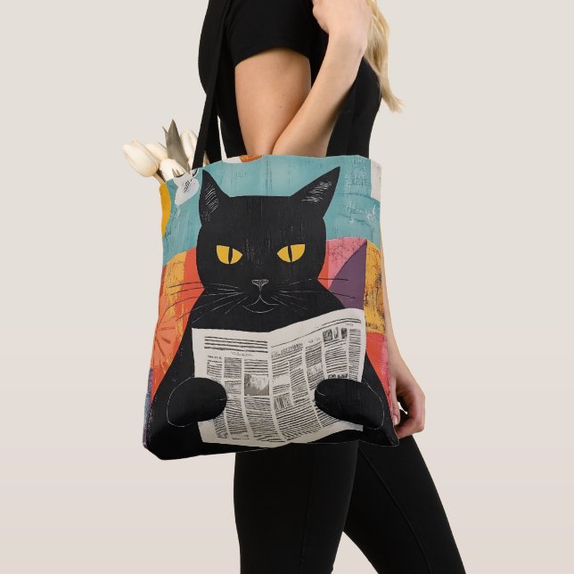 Bolso De Tela Gato negro divertido leyendo periódico (Detalle)