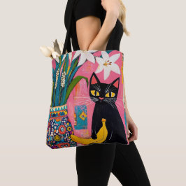 Bolso De Tela Gato negro divertido plátano y jarrón de flores