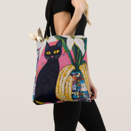 Bolso De Tela Gato negro divertido y florero
