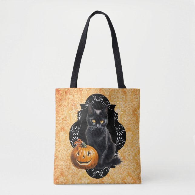 Bolso De Tela Gato negro dulce de Halloween y calabaza (Anverso)