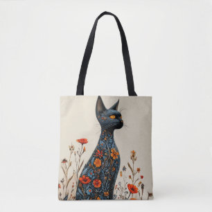 Bolso De Tela Gato negro elegante con flores estético