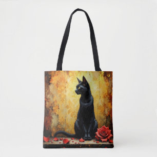 Bolso De Tela Gato negro elegante y rosa roja