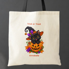 Bolso De Tela Gato negro en calabaza de Halloween personalizada