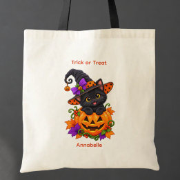 Bolso De Tela Gato Negro en Calabaza Personalizado