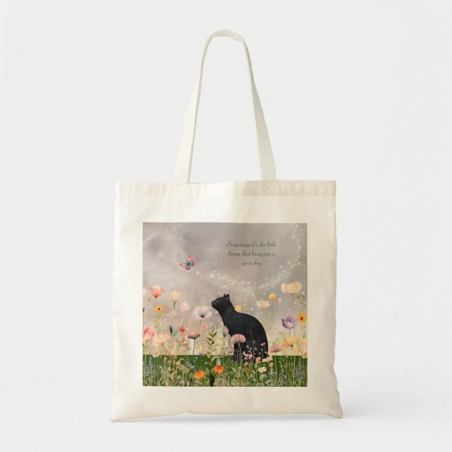 Bolso De Tela Gato negro en flores (Frente)