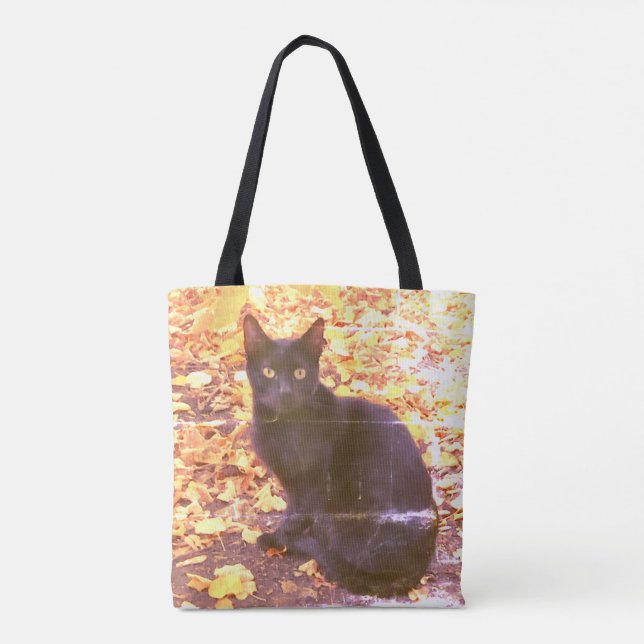 Bolso De Tela Gato negro en foto de otoño (Reverso)