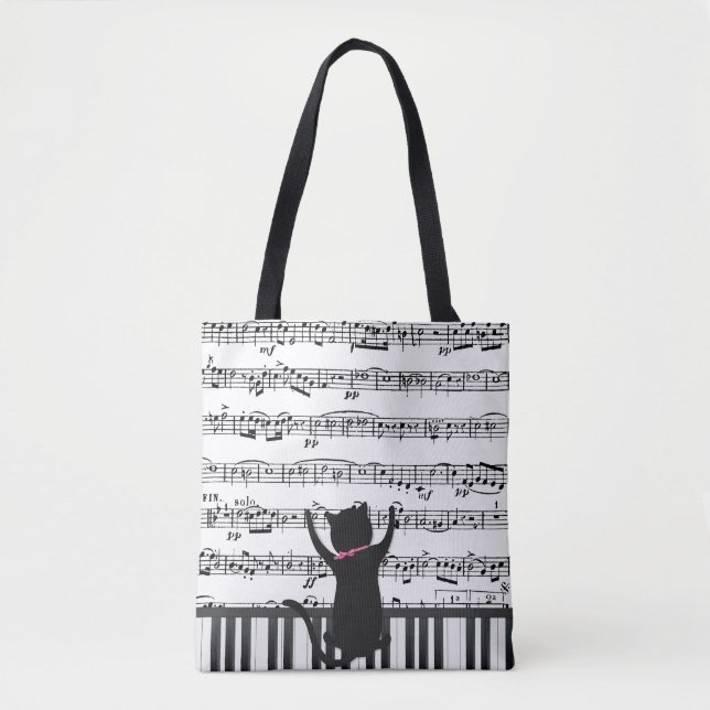 Bolso De Tela Gato negro en las teclas de piano (Anverso)