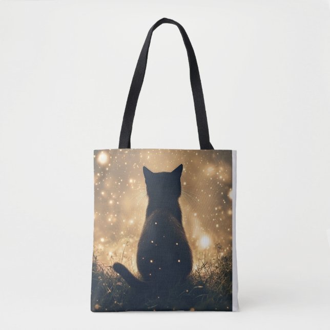 Bolso De Tela Gato negro encantado con dibujos de luciérnagas (Anverso)