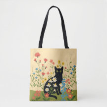 Gato negro entre flores silvestres coloridas - Cot