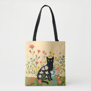 Bolso De Tela Gato Negro Entre Flores Silvestres Coloridas – Cot