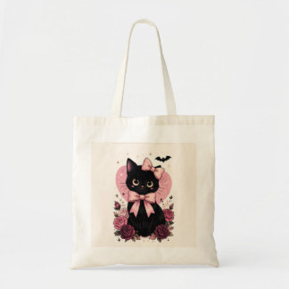 Bolso De Tela Gato negro floral de rosa con lazo rosa