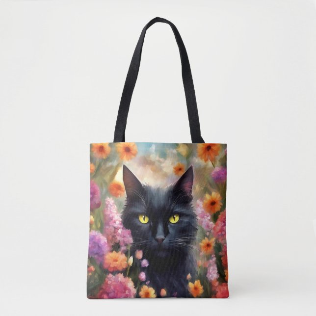 Bolso De Tela Gato negro Flores Gato 736 (Anverso)