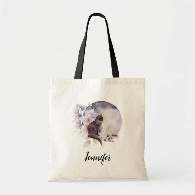Bolso De Tela Gato negro frente a una luna llena mágica (Frente)
