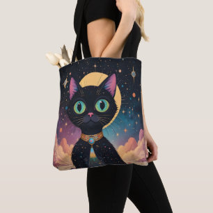 Bolso De Tela Gato negro futurista atómico en luz de la luna