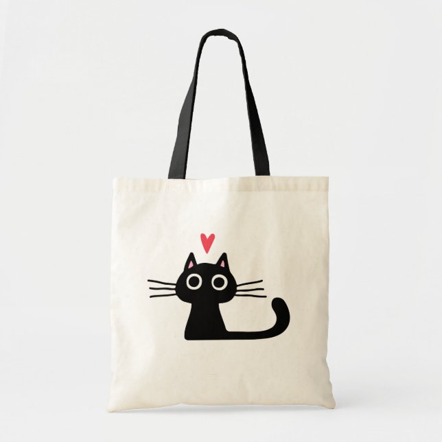 Bolso De Tela Gato negro gatito con corazón de San Valentín (Frente)