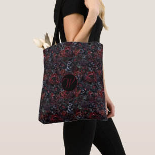 Bolso De Tela Gato Negro Gótico y Patrón de Flores Oscuras Monog